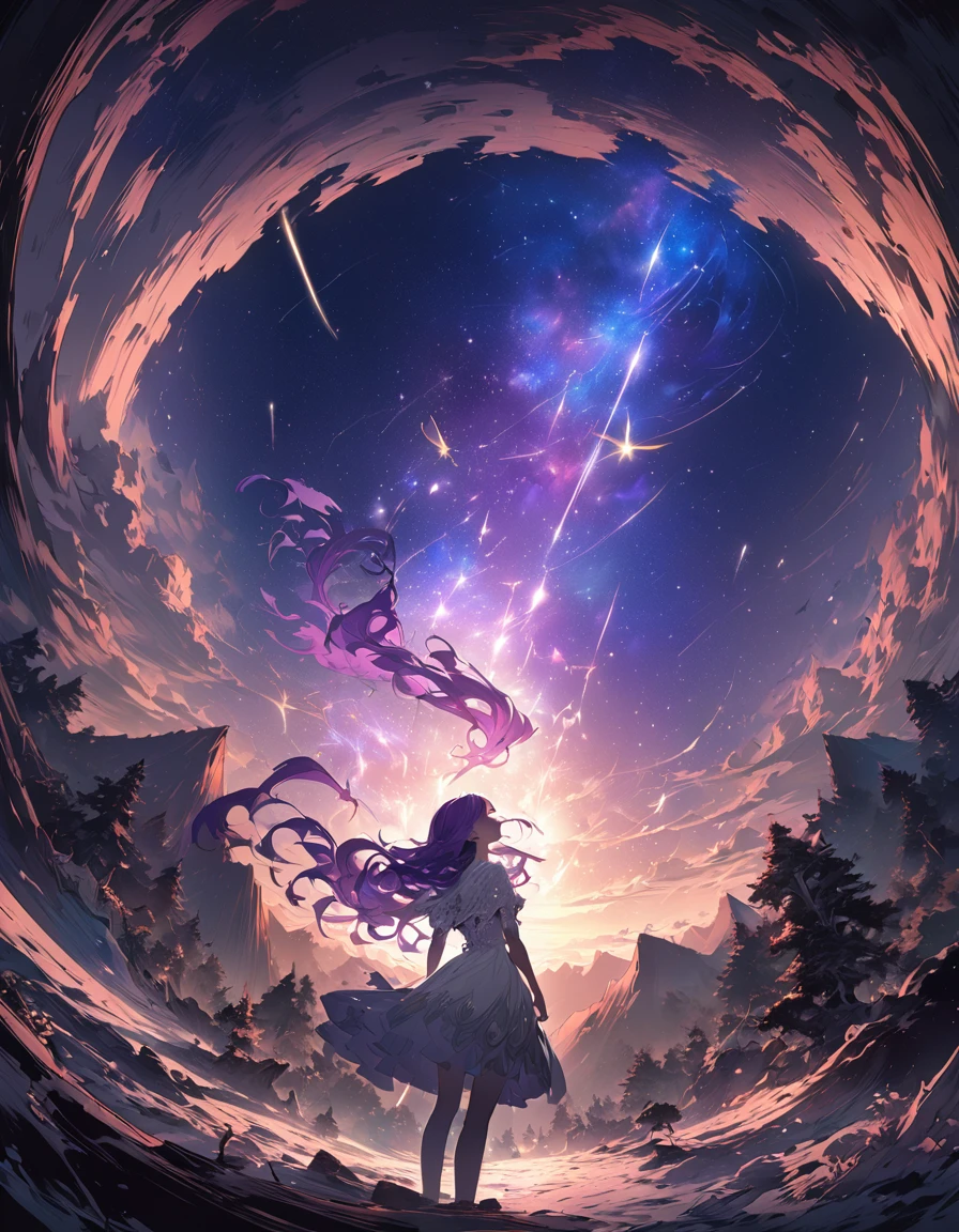 One girl, Beautiful and fine details, Long purple hair, Pale red eyes, Princess Dress, Glowing Skin, resolution, (Anime Style:1.6)High Contrast, ((Mastepiece, Highest quality))Vast landscape photography, (View from below with views of the sky and wilderness below), Girl looking up, (full moon: 1.2), (shooting star: 0.9), (nebula: 1.3), Distant Mountain, Treebreak Production Art, (Warm light source: 1.2), (fire Fly: 1.2), Purple and Orange, Intricate details, Volumetric Lighting, Realism Break (Mastepiece: 1.2) (Highest quality), 4K, Super detailed, (Dynamic Configuration: 1.4), Extremely detailed and colorful, (Iridescent colors: 1.2), (Brilliant lighting, Ambient lighting), dream-like, Magic, (alone: 1.5)　Perfect Fingers