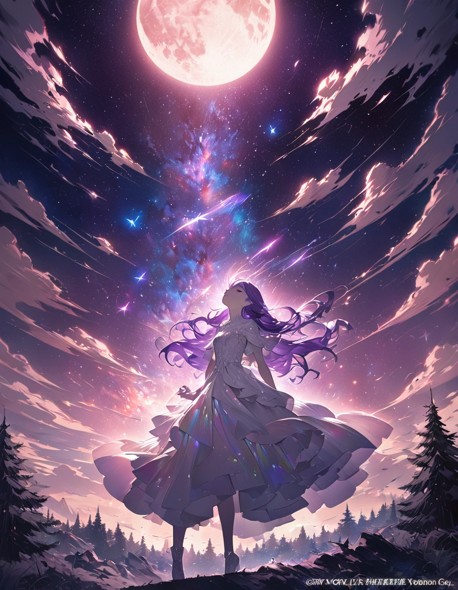 One girl, Beautiful and fine details, Long purple hair, Pale red eyes, Princess Dress, Glowing Skin, resolution, (Anime Style:1.6)High Contrast, ((Mastepiece, Highest quality))Vast landscape photography, (View from below with views of the sky and wilderness below), Girl looking up, (full moon: 1.2), (shooting star: 0.9), (nebula: 1.3), Distant Mountain, Treebreak Production Art, (Warm light source: 1.2), (fire Fly: 1.2), Purple and Orange, Intricate details, Volumetric Lighting, Realism Break (Mastepiece: 1.2) (Highest quality), 4K, Super detailed, (Dynamic Configuration: 1.4), Extremely detailed and colorful, (Iridescent colors: 1.2), (Brilliant lighting, Ambient lighting), dream-like, Magic, (alone: 1.5) Perfect Fingers