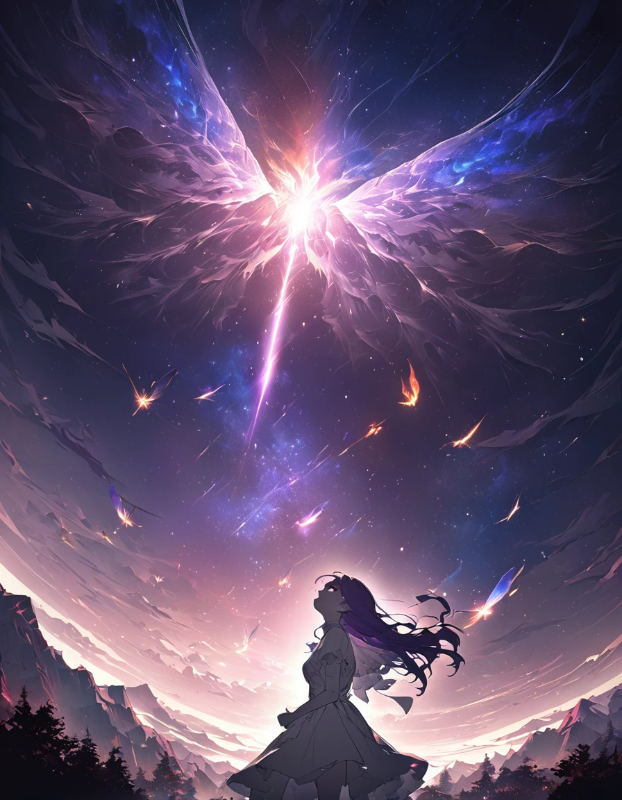 One girl, Beautiful and fine details, Long purple hair, Pale red eyes, Princess Dress, Glowing Skin, resolution, (Anime Style:1.6)High Contrast, ((Mastepiece, Highest quality))Vast landscape photography, (View from below with views of the sky and wilderness below), Girl looking up, (full moon: 1.2), (shooting star: 0.9), (nebula: 1.3), Distant Mountain, Treebreak Production Art, (Warm light source: 1.2), (fire Fly: 1.2), Purple and Orange, Intricate details, Volumetric Lighting, Realism Break (Mastepiece: 1.2) (Highest quality), 4K, Super detailed, (Dynamic Configuration: 1.4), Extremely detailed and colorful, (Iridescent colors: 1.2), (Brilliant lighting, Ambient lighting), dream-like, Magic, (alone: 1.5) Perfect Fingers