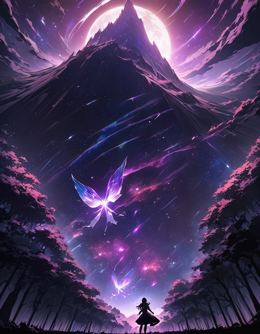 One girl, Beautiful and fine details, Long purple hair, Pale red eyes, Princess Dress, Glowing Skin, resolution, (Anime Style:1.6)High Contrast, ((Mastepiece, Highest quality))Vast landscape photography, (View from below with views of the sky and wilderness below), Girl looking up, (full moon: 1.2), (shooting star: 0.9), (nebula: 1.3), Distant Mountain, Treebreak Production Art, (Warm light source: 1.2), (fire Fly: 1.2), Purple and Orange, Intricate details, Volumetric Lighting, Realism Break (Mastepiece: 1.2) (Highest quality), 4K, Super detailed, (Dynamic Configuration: 1.4), Extremely detailed and colorful, (Iridescent colors: 1.2), (Brilliant lighting, Ambient lighting), dream-like, Magic, (alone: 1.5) Perfect Fingers