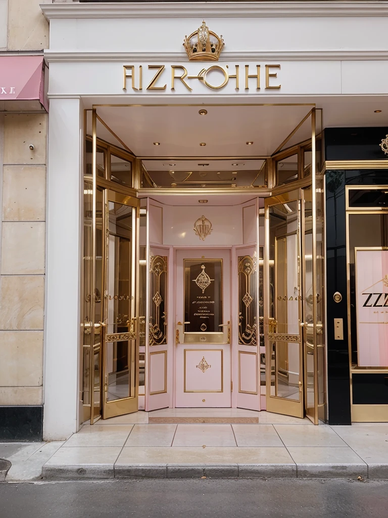 An ethereal-looking, royalty styled, big, classy, luxurious, well-known perfume shop, with a minimalist “ ZZ “ logo written outside, with color soft pink, a bit of gold, and white
