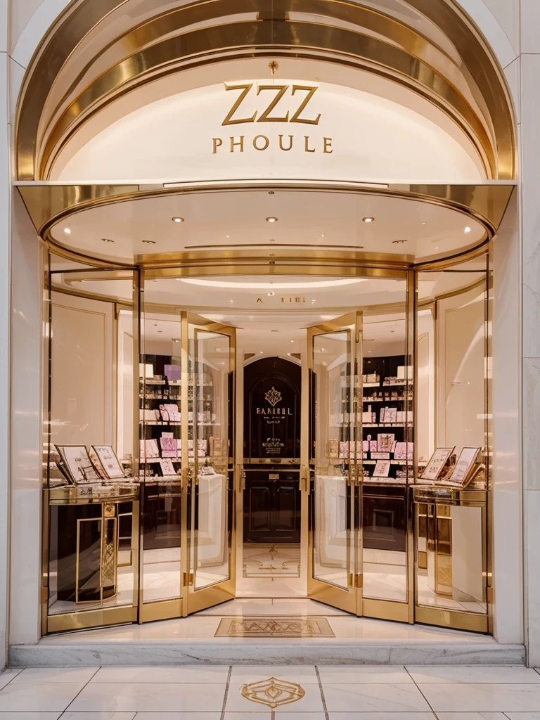 An ethereal-looking, royalty styled, big, classy, luxurious, well-known perfume shop, with a minimalist “ ZZ “ logo written outside, with color soft pink, a bit of gold, and white