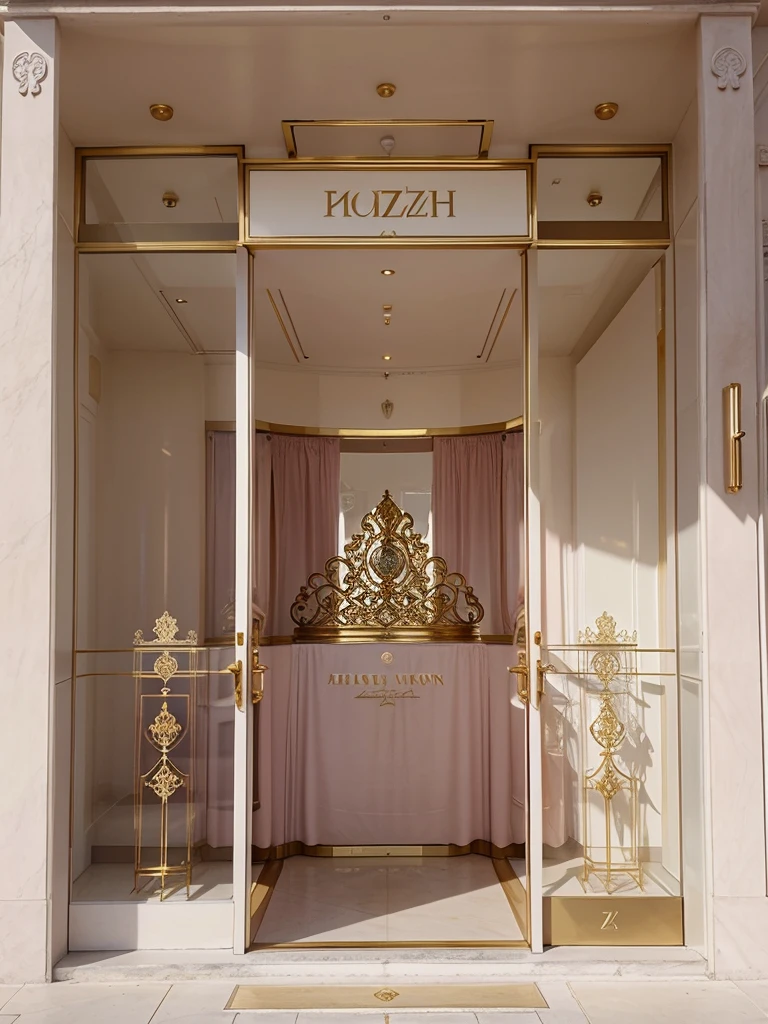 An ethereal-looking, royalty styled, big, classy, luxurious, well-known perfume shop, with a minimalist “ ZZ “ logo written outside, with color soft pink, a bit of gold, and white