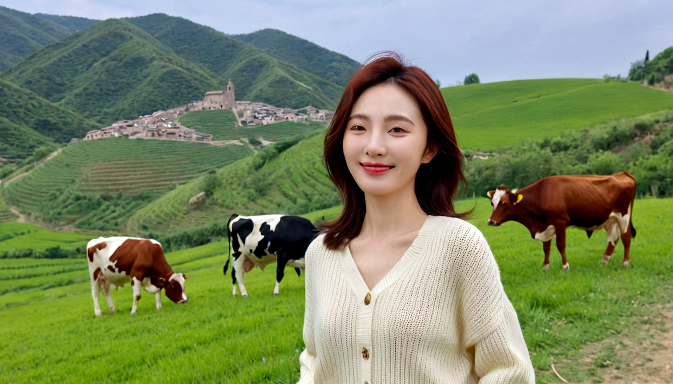 8k best picture quality, Beautiful 36-year-old Korean woman, I have good skin and clear and pretty eyes.. Chest size 34 inches, italian countryside village, The back background is realistic and vivid image quality, medium hair blowing in the wind, Wearing high-end luxury knitwear. casual pants, Smile, Short and slim Korean woman, Full-body photo taken from afar with a wide-angle lens, Cows graze in the distance.
