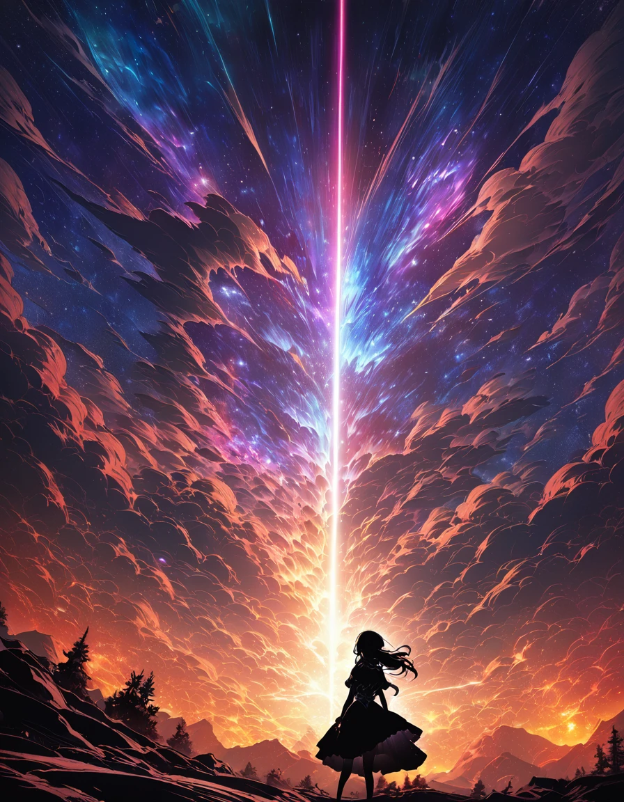 One girl, Beautiful and fine details, Long purple hair, Pale red eyes, Princess Dress, Glowing Skin, resolution, (Anime Style:1.6)High Contrast, ((Mastepiece, Highest quality))Vast landscape photography, (View from below with views of the sky and wilderness below), Girl looking up, (full moon: 1.2), (shooting star: 0.9), (nebula: 1.3), Distant Mountain, Treebreak Production Art, (Warm light source: 1.2), (fire Fly: 1.2), Purple and Orange, Intricate details, Volumetric Lighting, Realism Break (Mastepiece: 1.2) (Highest quality), 4K, Super detailed, (Dynamic Configuration: 1.4), Extremely detailed and colorful, (Iridescent colors: 1.2), (Brilliant lighting, Ambient lighting), dream-like, Magic, (alone: 1.5) Perfect Fingers