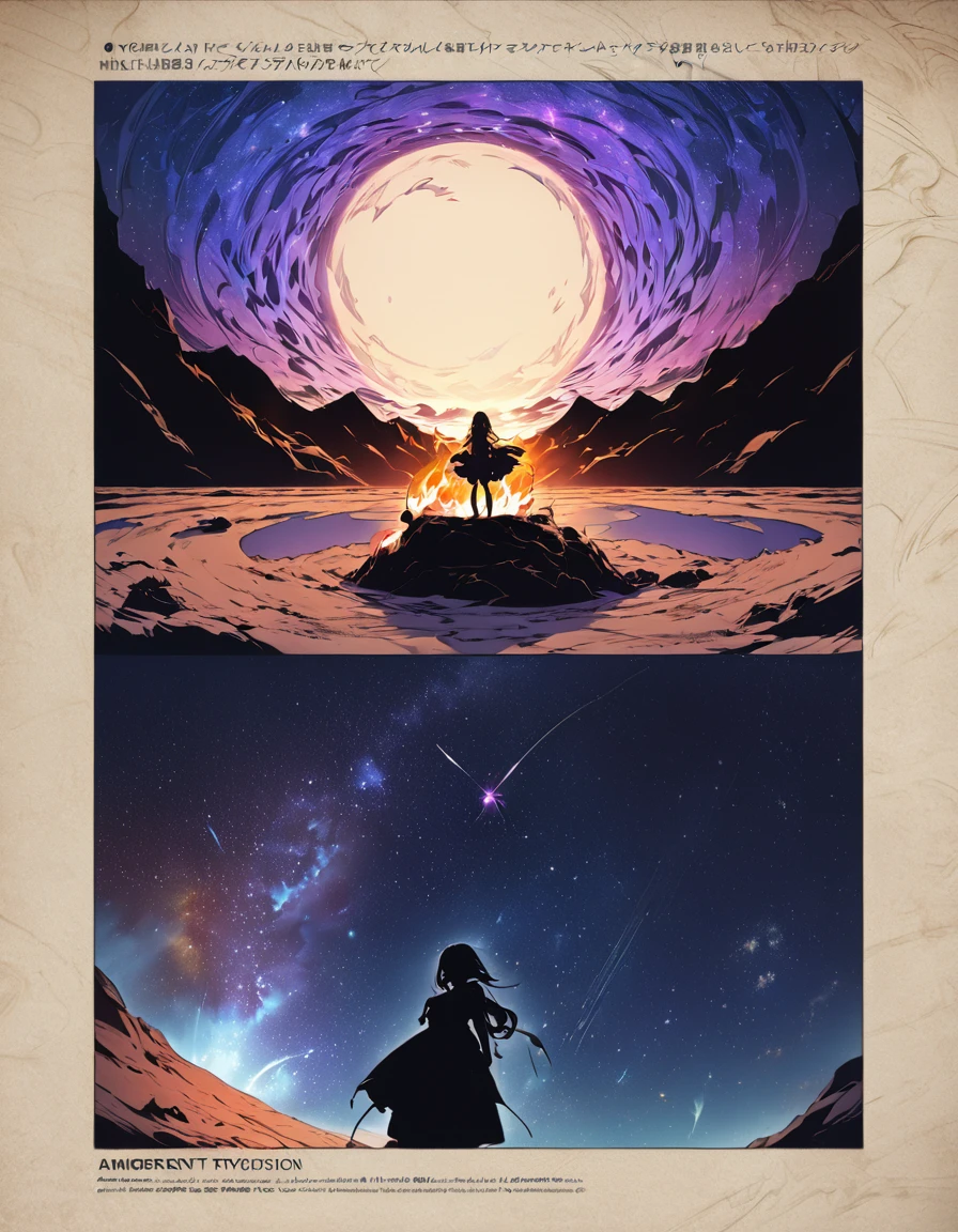 One girl, Beautiful and fine details, Long purple hair, Pale red eyes, Princess Dress, Glowing Skin, resolution, (Anime Style:1.6)High Contrast, ((Mastepiece, Highest quality))Vast landscape photography, (View from below with views of the sky and wilderness below), Girl looking up, (full moon: 1.2), (shooting star: 0.9), (nebula: 1.3), Distant Mountain, Treebreak Production Art, (Warm light source: 1.2), (fire Fly: 1.2), Purple and Orange, Intricate details, Volumetric Lighting, Realism Break (Mastepiece: 1.2) (Highest quality), 4K, Super detailed, (Dynamic Configuration: 1.4), Extremely detailed and colorful, (Iridescent colors: 1.2), (Brilliant lighting, Ambient lighting), dream-like, Magic, (alone: 1.5) Perfect Fingers