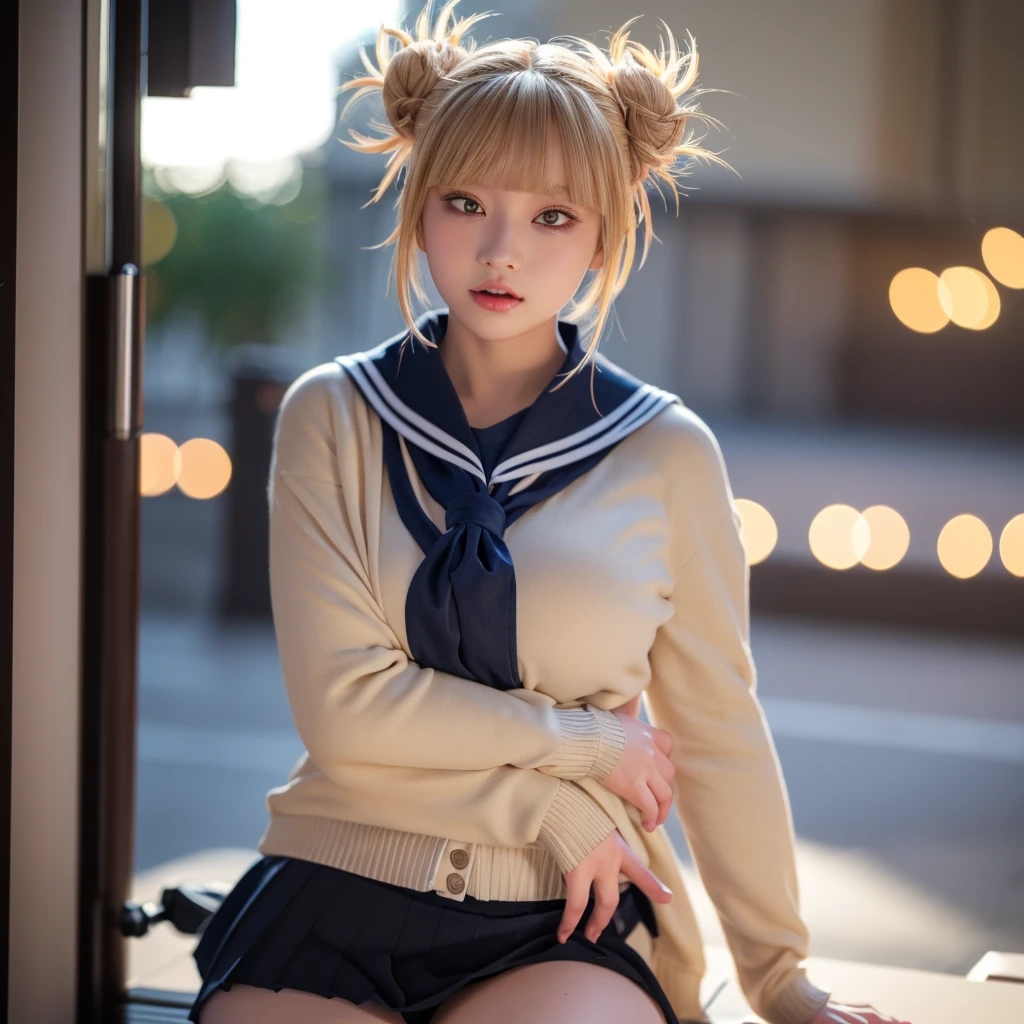 ((a blond、Himiko Toga、White Uniform Shirt、Dark blue uniform skirt、cardigan、red scarf、Dark eye shadow、Dark eyeliner、Patsun、Twin-tailed、Bun head、tthin eyebrows、Black socks、))、NSFW、masterpiece、top-quality、hightquality、magnifica、Beautiful fece、hight resolution、Very high resolution、Raw photo、Best Illustration、hyper realisitic、1girl、realisitic、The ultra-detailliert、Photorealsitic、incredibly absurdness、a closeup、Floating hair、Soft light、Cinema Lights、Film Grain、full bodyesbian、depth of fields、blurry backround、bokeh dof:1.4、eyes focus、85mmレンズ、professionally lit、lensflare、Luminous particles:0.6、Professional Writing、portlate:0.6、Photon Mapping、Radio City、physically-based renderingt、a japanese girl、sexual excitement:1.5、lifelike face、Realistic body、real looking skin、huge-breasted:1.3、well-styled、camel's toe、light skinned:1.1、cute little:1.5