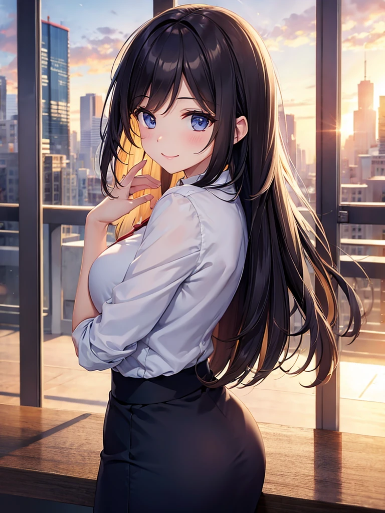 (masterpiece:1.5),(Beat quality),(high res),1girl solo,beautiful face,smile(shining eyes),upper body,light effects,Office Lady,Morning City