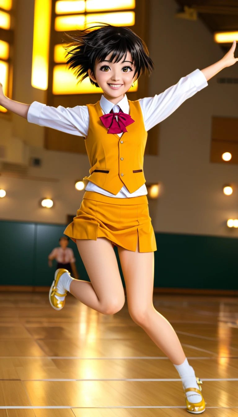 a japanese highschool girl jumping on the floor, very cute, short hair with gold color, smile(0,5), vest lighting