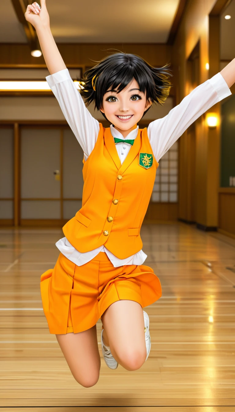 a japanese highschool girl jumping on the floor, very cute, short hair with gold color, smile(0,5), vest lighting
