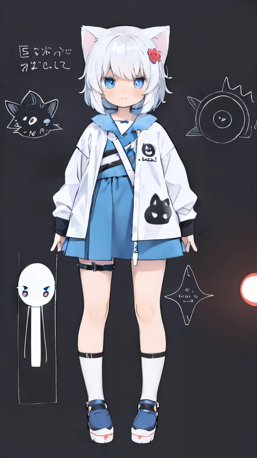 Full-body diagram,normal,1 very cute girl with cat ears,white hair,light blue eyes