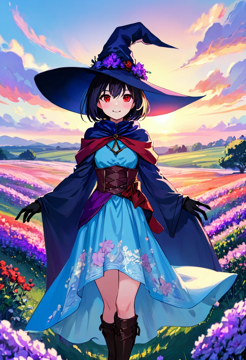 depth of field, looking at viewer, soft anime.  Beautiful 1woman. Mage. Magic circle. Flowing cloak, tunic, gloves, skirt, corset, boots. Highly detailed face, short hair, highly detailed red eyes. Curvy. Open field of flowers. Blurred background. Sunset. Natural light enhancing contours of her body... Sunrise. Sky is gradient blue and purple. Smile. . Clouds. Witch hat. Hand behind back