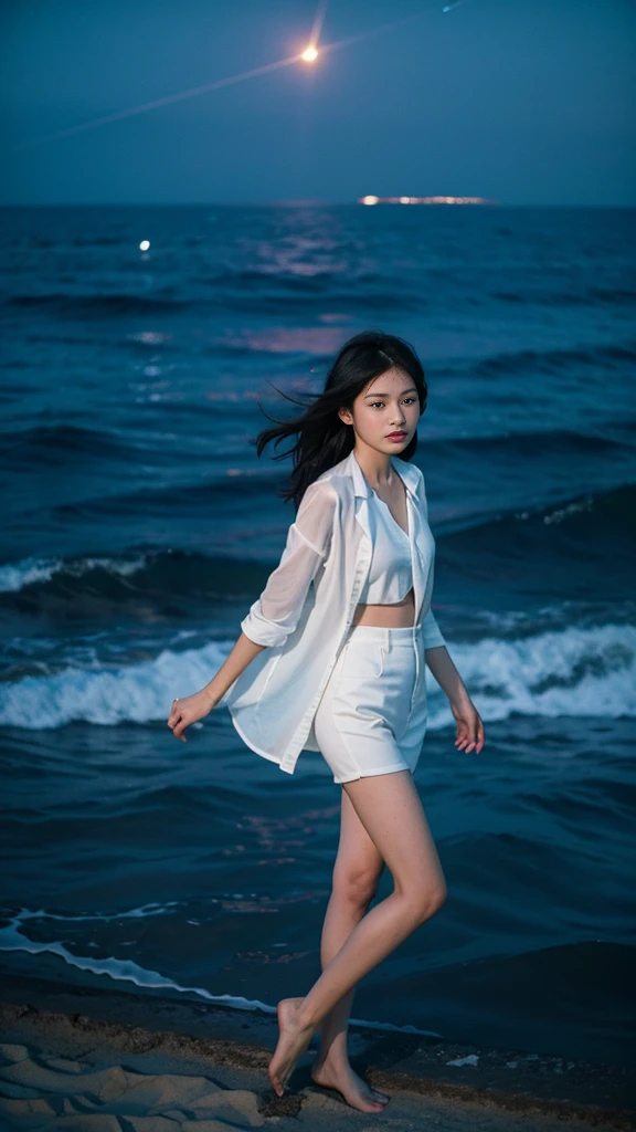 ((masterpiece, best quality)), night, Thin clothes, girl, Put one foot in the water with only the toes, girl standing, girl sideways, girl between the horizon and the sea, View from the side, Ripples spread from the toes, The scene of the incident was about 20 meters away from us, above sea level, night, The whole scene sparkles, There is a meteor shower