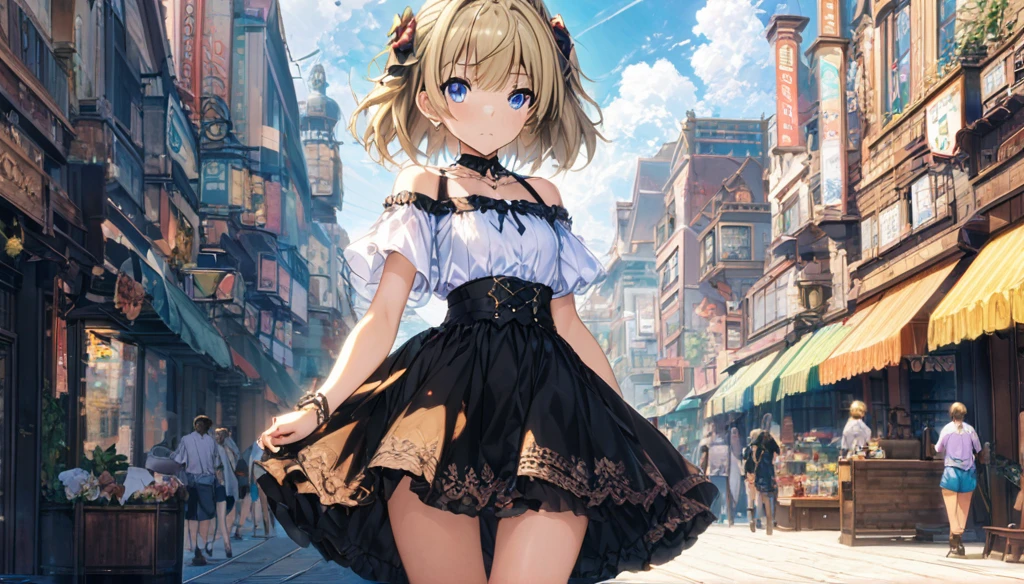 ((Anime Infinite Stratus Art, 8k, ultra full high definition, epic quality, epic texture)). the theme is exhibitionism.  The setting is a big shopping, Very detailed, it's summer, it's daytime, there are some shops, there are people passing by the scene.  The focus is a girl, her name is Sophia, 12 years old, Brazilian, very short stature, very messy blonde hair(short:1.9) with bangs(long:1.5), ice blue eyes, wonderful face, she has white skin, skinny body, narrow chest, round boobies, thin waist, very narrow hips, big and perky butt, she's wearing a skirt and a very low-cut flowery shirt(short:1.9), she's naive she is very shy and lewd, she is walking in the setting. The atmosphere is lively.