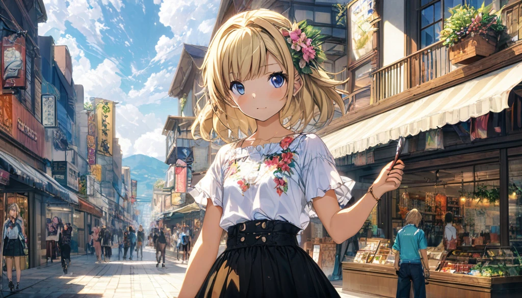 ((Anime Infinite Stratus Art, 8k, ultra full high definition, epic quality, epic texture)). the theme is exhibitionism.  The setting is a big shopping, Very detailed, it's summer, it's daytime, there are some shops, there are people passing by the scene.  The focus is a girl, her name is Sophia, 12 years old, Brazilian, very short stature, very messy blonde hair(short:1.9) with bangs(long:1.5), ice blue eyes, wonderful face, she has white skin, skinny body, narrow chest, round boobies, thin waist, very narrow hips, big and perky butt, she's wearing a skirt and a very low-cut flowery shirt(short:1.9), she's naive she is very shy and lewd, she is walking in the setting. The atmosphere is lively.