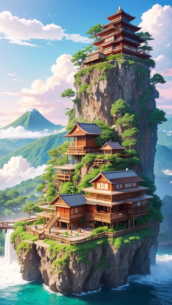 Create a stunning anime landscape featuring a serene, floating island surrounded by cascading waterfalls and vibrant cherry blossom trees. The island is adorned with a traditional Japanese wooden house, nestled amidst lush, colorful foliage in full bloom. Above the island, a majestic mountain with a snow-capped peak rises into a sky filled with fluffy, cotton-candy clouds. The scene is bathed in soft, warm sunlight, casting gentle shadows and highlighting the natural beauty of the environment. In the distance, other smaller floating islands can be seen, connected by slender waterfalls that disappear into the clouds below. add a girl