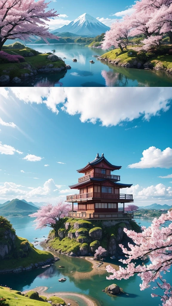Create a stunning anime landscape featuring a serene, floating island surrounded by cascading waterfalls and vibrant cherry blossom trees. The island is adorned with a traditional Japanese wooden house, nestled amidst lush, colorful foliage in full bloom. Above the island, a majestic mountain with a snow-capped peak rises into a sky filled with fluffy, cotton-candy clouds. The scene is bathed in soft, warm sunlight, casting gentle shadows and highlighting the natural beauty of the environment. In the distance, other smaller floating islands can be seen, connected by slender waterfalls that disappear into the clouds below. add a girl