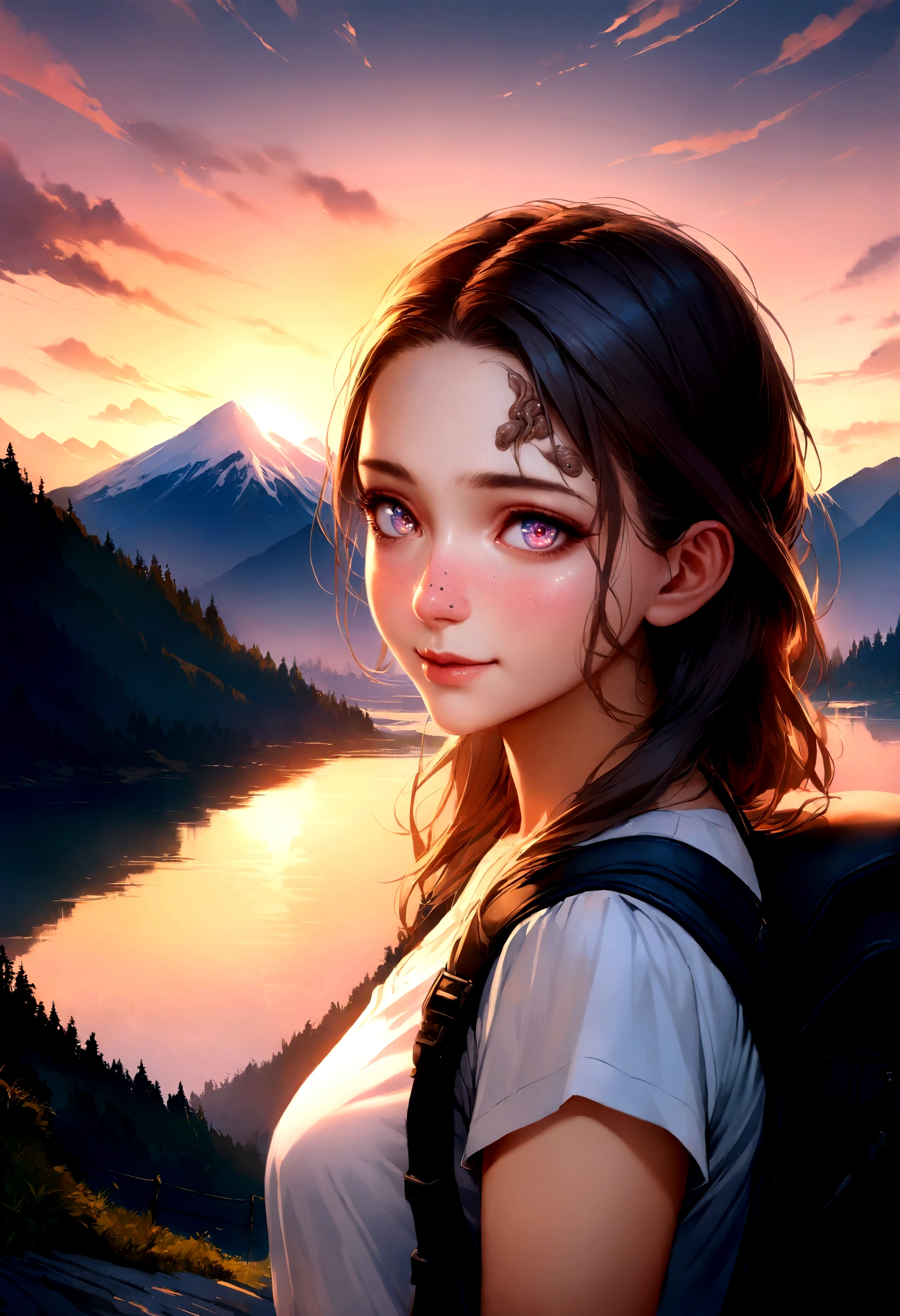 (Highest quality, Ultra-realistic:1.2), Majestic Mountain, sea of clouds, Clear sky, Fantastic, Woman watching the sunset, Becoming a pro, ((Upper Body)), White T-shirt, Trekking shorts, Trekking boots, rucksack, (Very delicate face, Super beautiful poop, Very delicate eyes, Highly detailed nose, Highly detailed mouth, Highly detailed facial features), Beauty, 18-year-old, A shy smile