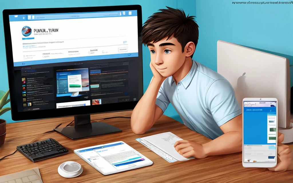 Thousands of followers on my website. Social media traffic. Young man at the computer money