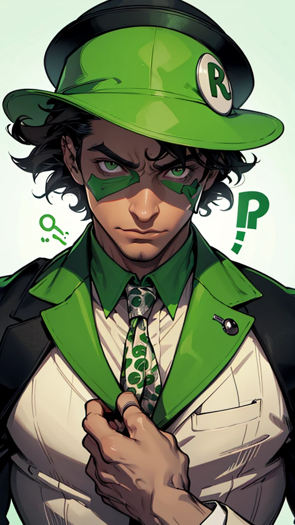 "Create an abstract art image in a monochromatic white and green color scheme, featuring the character Riddler as the focal point. The Riddler should be wearing a green bowler hat and a green blazer with white question marks. He should have dark skin, kinky hair, and brown eyes, with his face depicted in a mysterious, partially hidden manner."