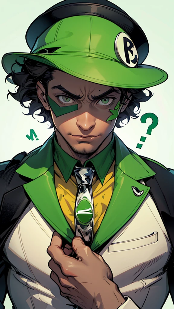 "Create an abstract art image in a monochromatic white and green color scheme, featuring the character Riddler as the focal point. The Riddler should be wearing a green bowler hat and a green blazer with white question marks. He should have dark skin, kinky hair, and brown eyes, with his face depicted in a mysterious, partially hidden manner."