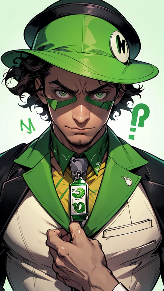 "Create an abstract art image in a monochromatic white and green color scheme, featuring the character Riddler as the focal point. The Riddler should be wearing a green bowler hat and a green blazer with white question marks. He should have dark skin, kinky hair, and brown eyes, with his face depicted in a mysterious, partially hidden manner."