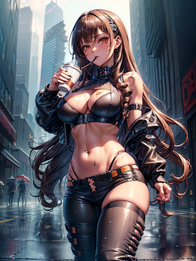 (masterpiece, detailed shadow's, detailed background, detailed background, best quality, expressive eyes, perfect face), (((gyaru, drinking coffee)), (( long curly hair, underboobs)), (wearing techwear clothes, tech wear fashion, techwear trouser, cyberpunk), ((pierced belly on)), little tan, ((in street after rain, sourounded by skyscrapers)), best view angle