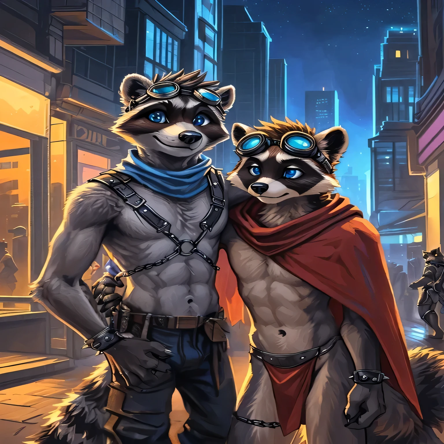 a close-up of two raccoons, standing on a city street, furry fantasy art, pov furry art, furry art, anthropomorphic raccoon, furry art!!!, Art by Silverfox, inspired by Tim and Greg Hildebrandt, very very beautiful furry art, Furry-Konvention, Jazza und Rossdraws, Guardians of the Galaxy-Stil