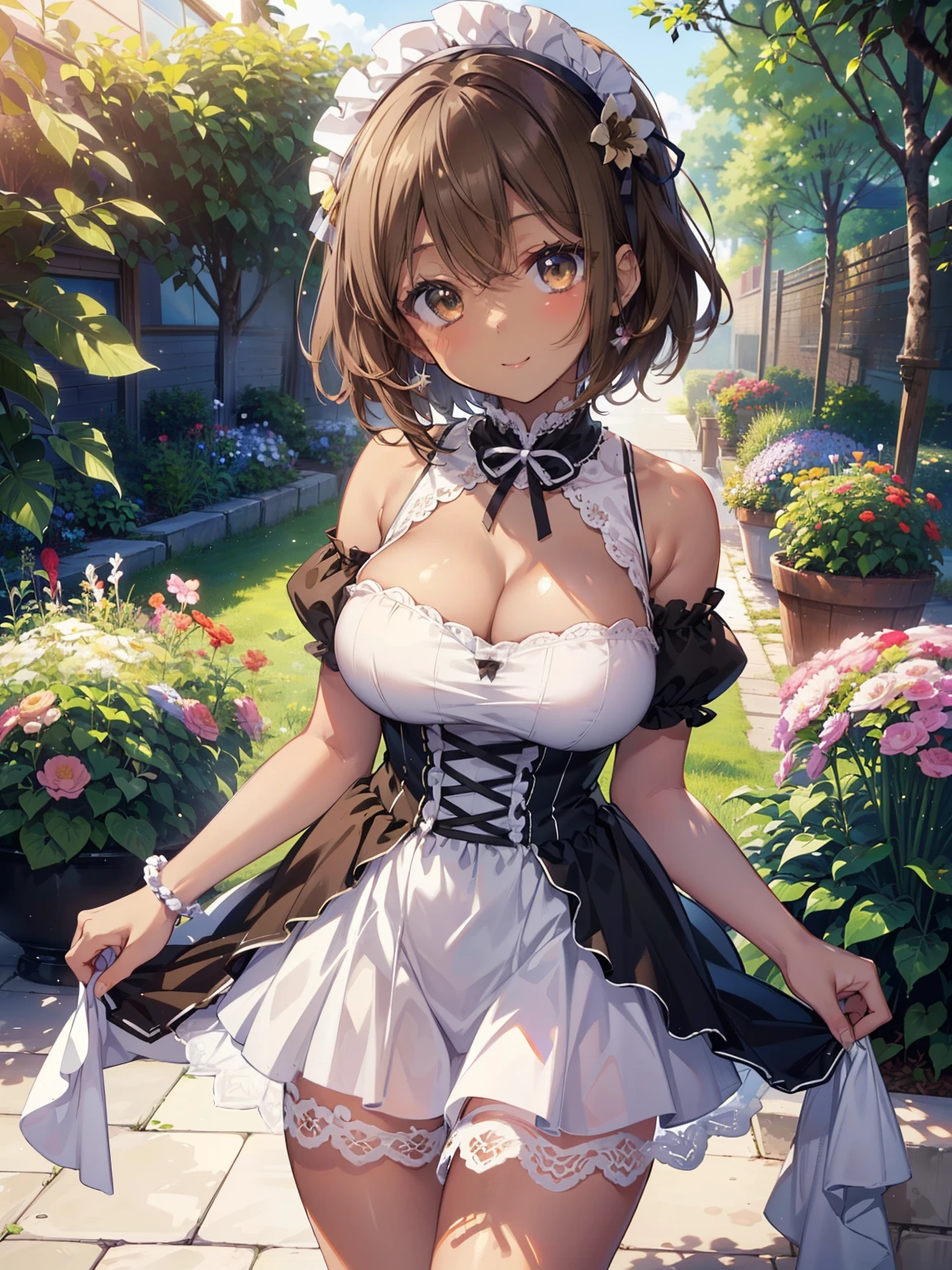 ((Highest quality, High resolution,  Perfect Pixel,  4K)),  (Beautiful Anime Girls), Depth of written boundary、
looking at viewer, 

short hair, Baby Face、Detailed eyes、Round face、he is short、
 
Brown Hair、(Big Breasts:1.3)、(Brown Skin:1.5)、

m4id0utf1t, 

cowboy shot, 

smile、

Cleavage、Thighs、

garden、