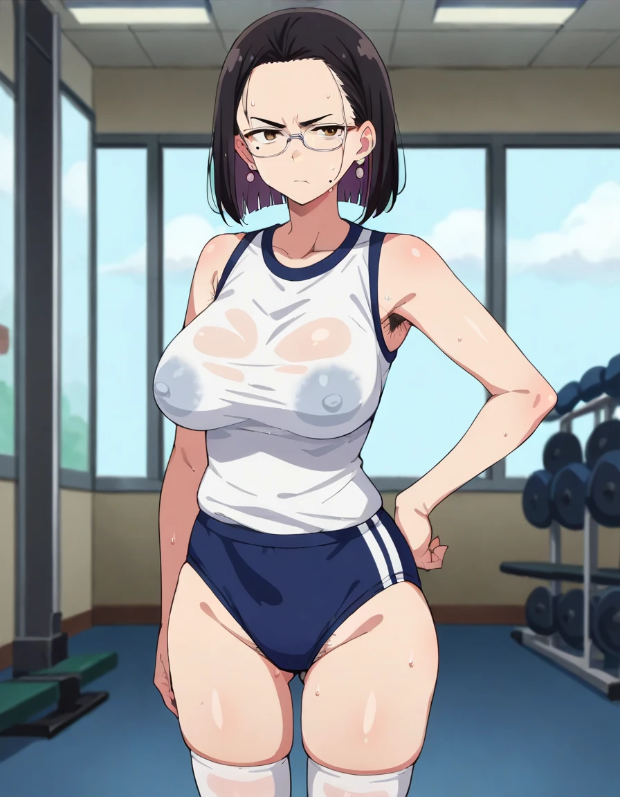 score_9, score_8_up, score_7_up, score_6_up, score_5_up, score_4_up, BREAK, source_anime, anime screencap, anime coloring, 1girl, teacher, solo, perfect anatomy, black hair, medium bob hair, asymmetric bangs, forehead, brown eyes, hair behind ear, earrings, mole under eye, glasses, serious, looking at viewer, sweat, (skintight, very tight sleeveless gym uniform, white shirt, shirt-in, under sized micro blue buruma, zettai ryouiki white thighhighs), sagging huge_breasts, tarechichi, erect nipples, thigh gap, indoor, gym, hand on hip, standing, skinny, (unshaven hairy natural public hair:1.2), unshaven hairy natural armpit hair