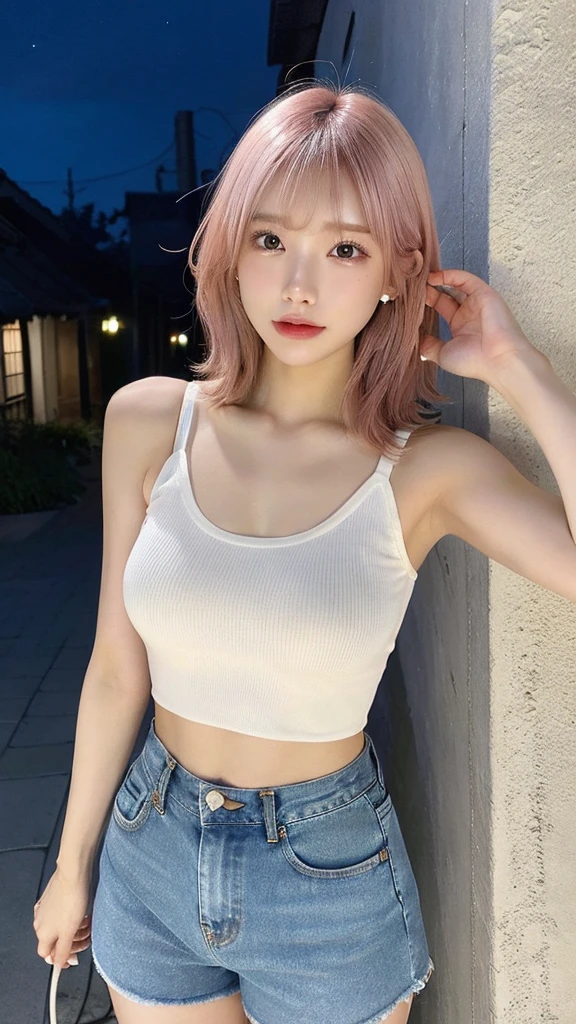 shiny skin、lightly dressed、exposed、thin white shirt、(highest quality,masterpiece:1.3,超A high resolution,),(super detailed,caustics),(Photoreal:1.4,RAW shooting,)ultra-realistic capture,very detailed,High definition 16K for human skin、 Natural skin texture、、Skin looks even-toned and healthy、 Use natural light and color,one woman,Japanese,,cute,pink haired,middle hair,(Depth of the bounds written、chromatic aberration、、wide range of lighting、natural shading、)、(Outdoor lights at dusk:1.4)、(outdoor lights at night:1.4)、(hair swaying in the wind:1)、short hair、Put on your ears、The setting sun is shining in、older sister、Full body photo White Tanktop Bra lines are visible、 Denim shorts、cowboyshot, anderboob