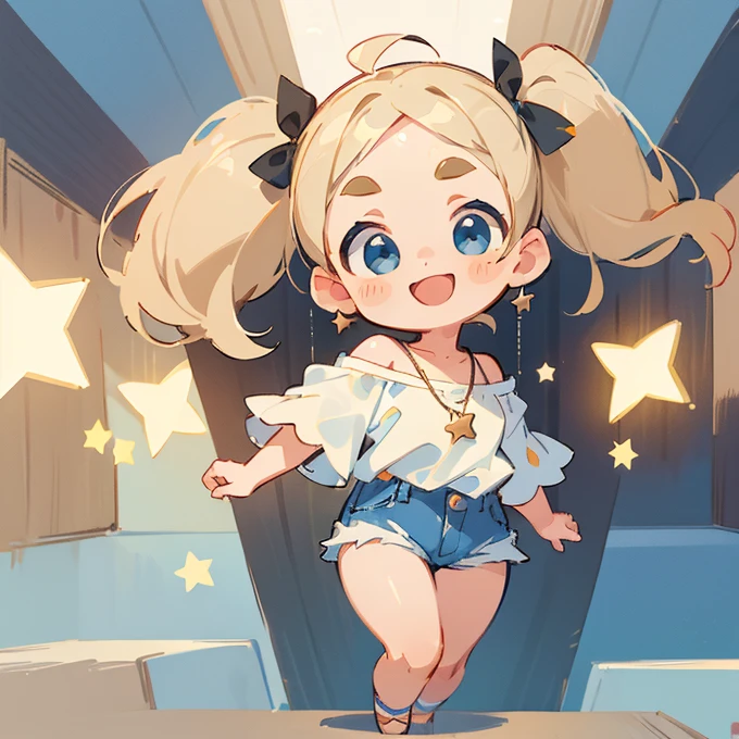 (masterpiece, Highest quality:1.2), (2 head body chibi character:1.1), Light beige hair, Twin tails, Blue Eyes, White off-shoulder blouse, Denim shorts, Short bangs, Thick eyebrows, Star Necklace, A lively atmosphere, smile, View your viewers