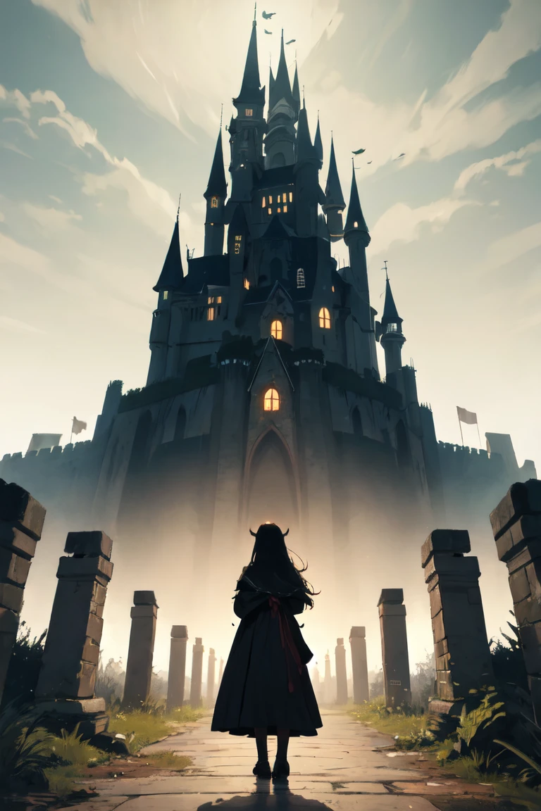 dark castle, a shadow putting its hands under the castle, horizon, night, dungeon, catacomb, gloomy, a woman with long hair and voluminous appearance, looking at the castle on the horizon,