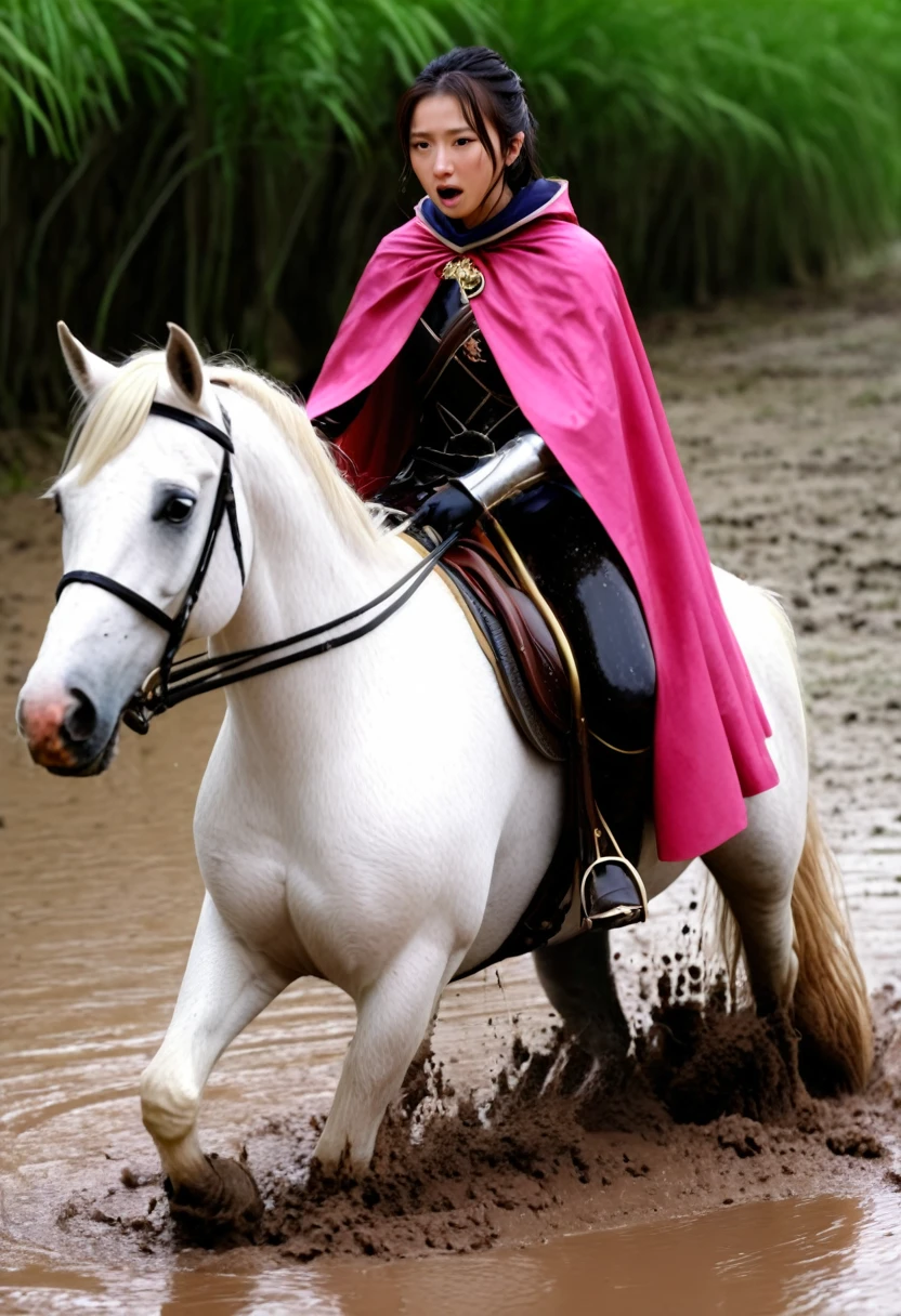 (((masterpiece))),(((Highest quality))),((Tabletop:1.4, Highest quality)), (Realな写真:1.4),
((1 cute girl knight)),rodeo,horse standing,Surprised face,stumble,aggressive,slouch,horse standing, prancing horse in pitfall,cute,Napoléon horse sliped in pitfall,
(超High resolution:1.2),, wonderful, Very detailed CG Unity 8k wallpaper, Very detailed, High resolution,fat horse ridden by japanese girl,Plump,Double,Pink armor and cape,Soaking in the swamp,Mud Splash,
Soft Light, Beautiful detailed girl, Droopy eyes,Very detailedな目と顔, Beautiful and exquisite nose, Beautiful and exquisite, horse ridden by a girl can't stand up because its drowned in the sticky muddy pitfall:10.0 ,Displeased face:4.0,Real,Stir,Anatomically correct,action horse riding scene while struggle fighting