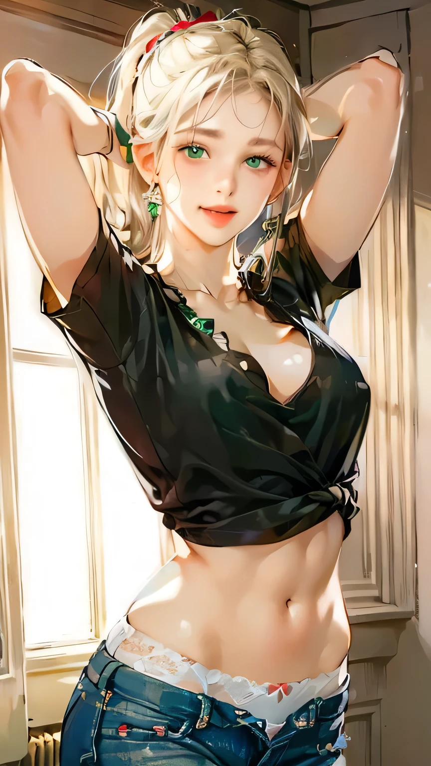 Highest quality, masterpiece, Ultra-high resolution, (Realistic:1.4), Beautiful woman, Open your mouth, Green V-neck T-shirt, Cleavage, Greenlee Jeans , Small breasts, Erect nipples, Curvy waist, Slim abs, Shiny skin, A captivating smile, bokeh, smile, Short jeans, ((One-length haircuts)), ((ponytail)), ((White lace panties)), ((Both arms behind the head)), (((Wearing a black shirt))), (((Beautiful breasts)))