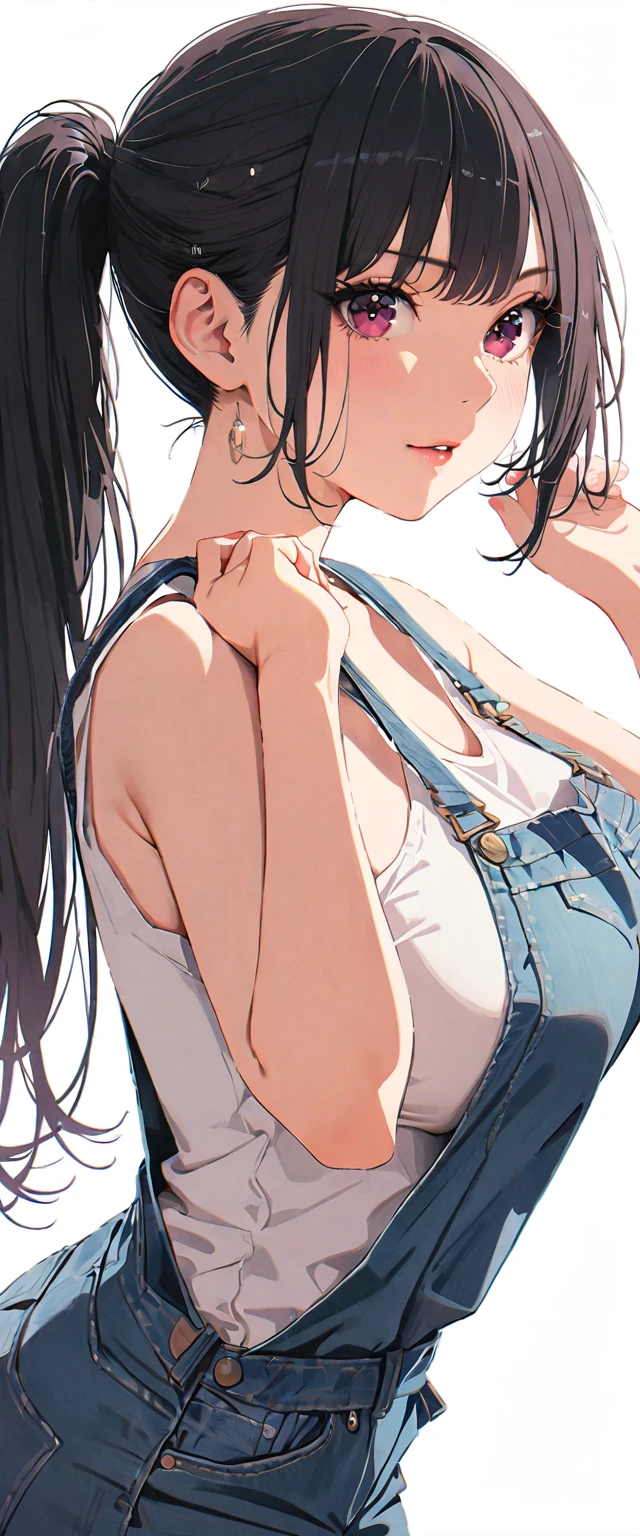 20 years old,1 mature woman,hyperrealistic, 8k, (extremely detailed 8k), (very delicate and beautiful), (masterpiece), (better quality:1.0), (ultra high resolution:1.0), (masterpiece, best quality),cute,black hair,big breasts,ponytail,POV,overalls,full body,white background,arched back