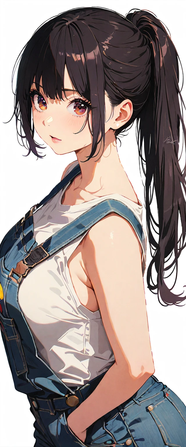 20 years old,1 mature woman,hyperrealistic, 8k, (extremely detailed 8k), (very delicate and beautiful), (masterpiece), (better quality:1.0), (ultra high resolution:1.0), (masterpiece, best quality),cute,black hair,big breasts,ponytail,POV,overalls,full body,white background,arched back