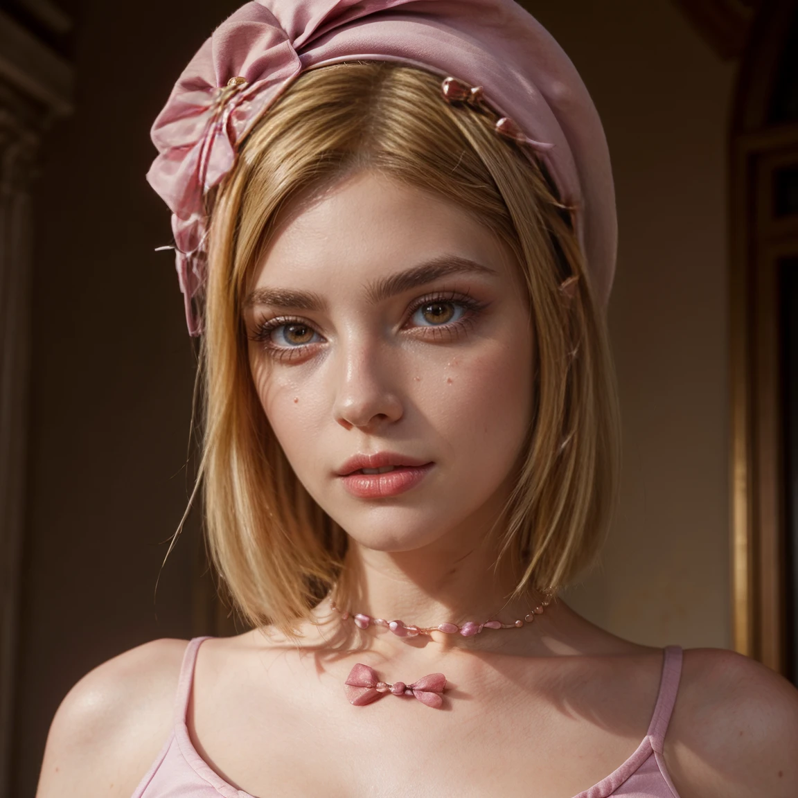(1 lady), The beautiful, (Best quality at best:1.4), (ultra - detailed), (extremely detailed CG unified 16k), gold blonde hair, very detailed, High-definition RAW color photo, professional photoshooting, amazing face and eyes, cosmetics, (amazingly beautiful girl), ((lambdadelta, tall woman, taller)), ((dress, red bow, pink hat, necklace, gloves, pearl, pink dress, pumpkin brooch)), standing, realistic cinematic face, photo portrait, upper body (shoulders to head), photorealistic, ((realistic natural blonde hair style, red eyes)), gorgeous, extremely beautiful face, perfect model beauty, pout mouth, flirting smile, cleavages, city girl, western, (masterpiece), best quality, high resolution, extremely detailed, blurred background, depth of field, cinematic lighting, clear and well-cared skin, medium sized breast