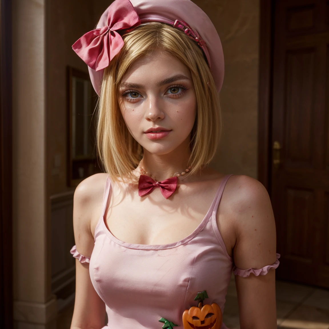 (1 lady), The beautiful, (Best quality at best:1.4), (ultra - detailed), (extremely detailed CG unified 16k), gold blonde hair, very detailed, High-definition RAW color photo, professional photoshooting, amazing face and eyes, cosmetics, (amazingly beautiful girl), ((lambdadelta, tall woman, taller)), ((dress, red bow, pink hat, necklace, gloves, pearl, pink dress, pumpkin brooch)), standing, realistic cinematic face, photo portrait, upper body (shoulders to head), photorealistic, ((realistic natural blonde hair style, red eyes)), gorgeous, extremely beautiful face, perfect model beauty, pout mouth, flirting smile, cleavages, city girl, western, (masterpiece), best quality, high resolution, extremely detailed, blurred background, depth of field, cinematic lighting, clear and well-cared skin, medium sized breast