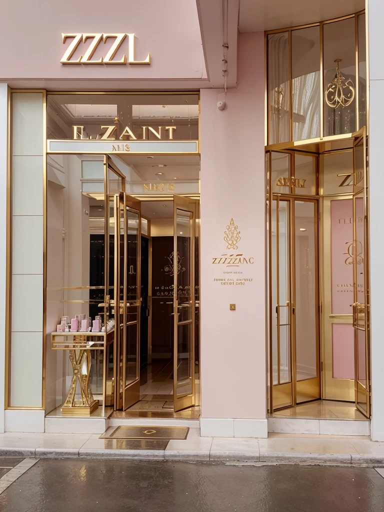 An ethereal-looking, big, classy, luxurious, well-known perfume shop, with a “ ZZ “ logo written outside, with color soft pink, a bit of gold, and white 