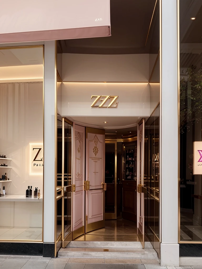 An ethereal-looking, big, classy, luxurious, well-known perfume shop, with a “ ZZ “ logo written outside, with color soft pink, a bit of gold, and white