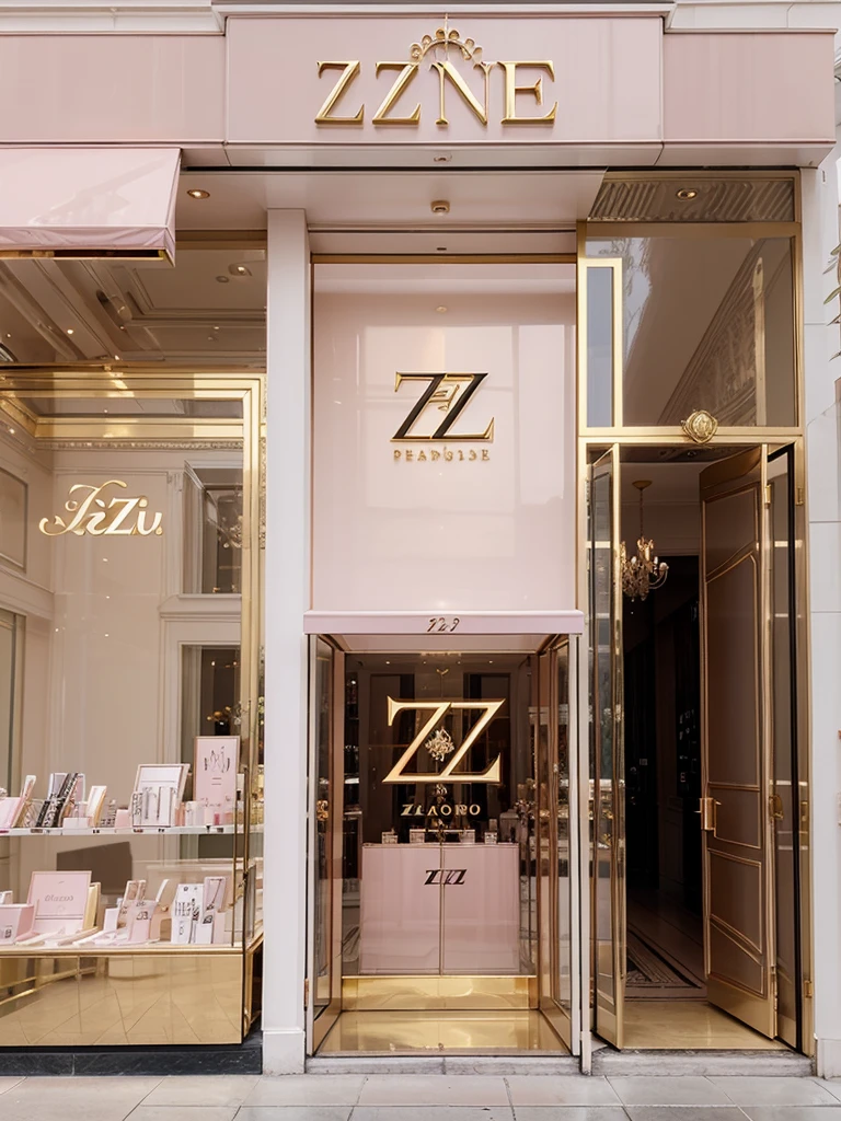 An ethereal-looking, big, classy, luxurious, well-known perfume shop, with a “ ZZ “ logo written outside, with color soft pink, a bit of gold, and white