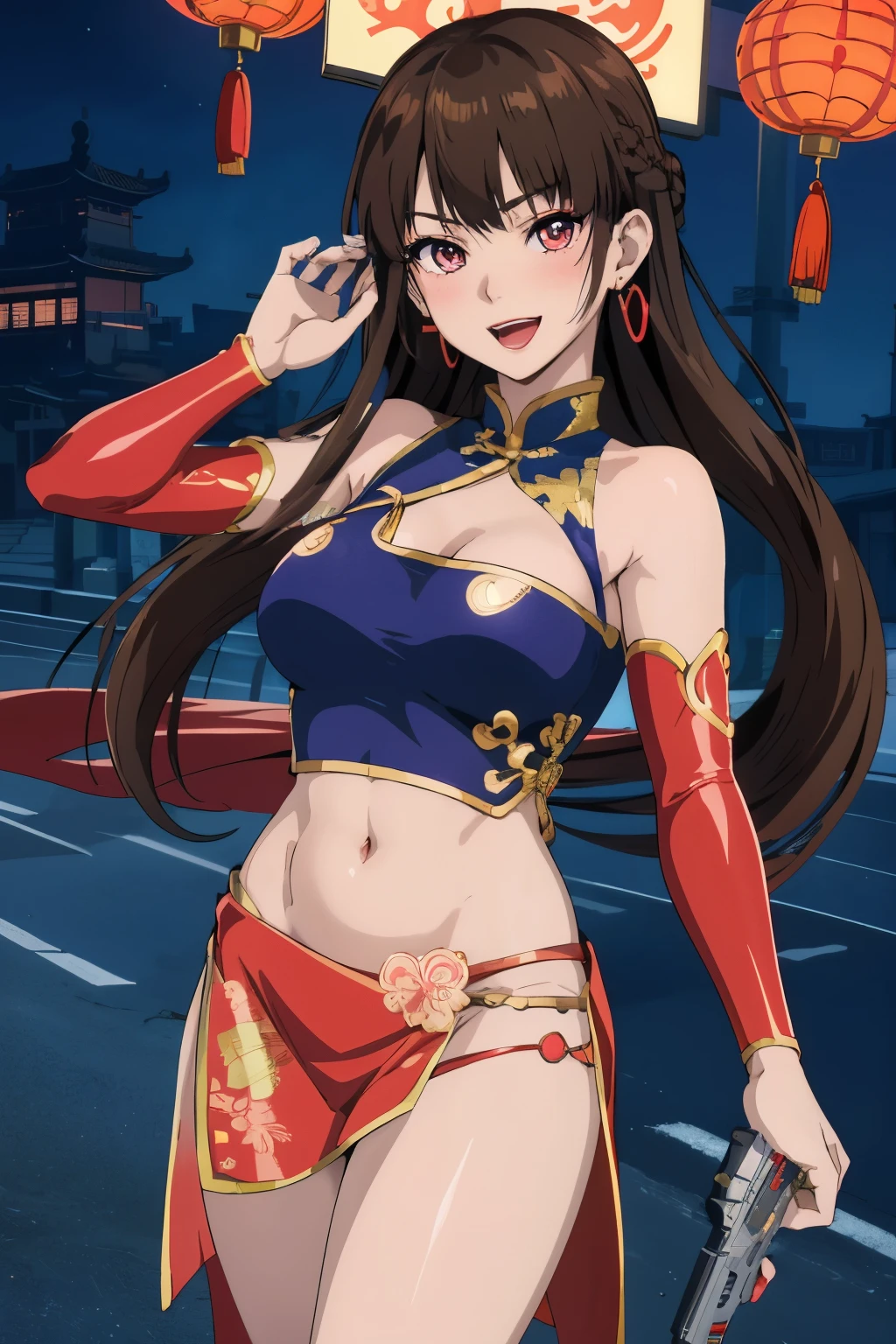 leifang, 1girl, long hair, blush, lipstick, jewelry, earrings, masterpiece, best quality, highly detailed, a anime girls in china dress with navel cutout holding a gun
posing for a picture, navel cutout, crop top, china dress, ecchi anime style, evil smile, open mouth,
smile, anime girls, ecchi style, ecchi, digital anime art!!, in anime style, official artwork, (nsfw) not safe
for work, beautiful anime girl, anime style 4 k, pelvic curtain, exposed belly, exposed navel, exposed
midriff, exposed lower belly, holding a gun, chinatown, outdoor,street,road, 