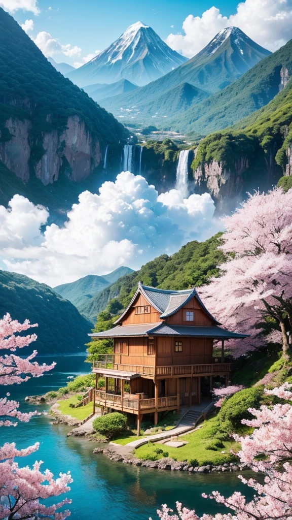 Create a stunning anime landscape featuring a serene, floating island surrounded by cascading waterfalls and vibrant cherry blossom trees. The island is adorned with a traditional Japanese wooden house, nestled amidst lush, colorful foliage in full bloom. Above the island, a majestic mountain with a snow-capped peak rises into a sky filled with fluffy, cotton-candy clouds. The scene is bathed in soft, warm sunlight, casting gentle shadows and highlighting the natural beauty of the environment. In the distance, other smaller floating islands can be seen, connected by slender waterfalls that disappear into the clouds below. add a girl looking from there