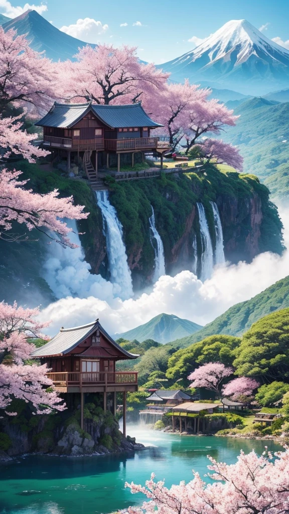 
Create a stunning anime landscape featuring a serene, floating island surrounded by cascading waterfalls and vibrant cherry blossom trees. The island is adorned with a traditional Japanese wooden house, nestled amidst lush, colorful foliage in full bloom. Above the island, a majestic mountain with a snow-capped peak rises into a sky filled with fluffy, cotton-candy clouds. The scene is bathed in soft, warm sunlight, casting gentle shadows and highlighting the natural beauty of the environment. In the distance, other smaller floating islands can be seen, connected by slender waterfalls that disappear into the clouds below. add a girl looking from there