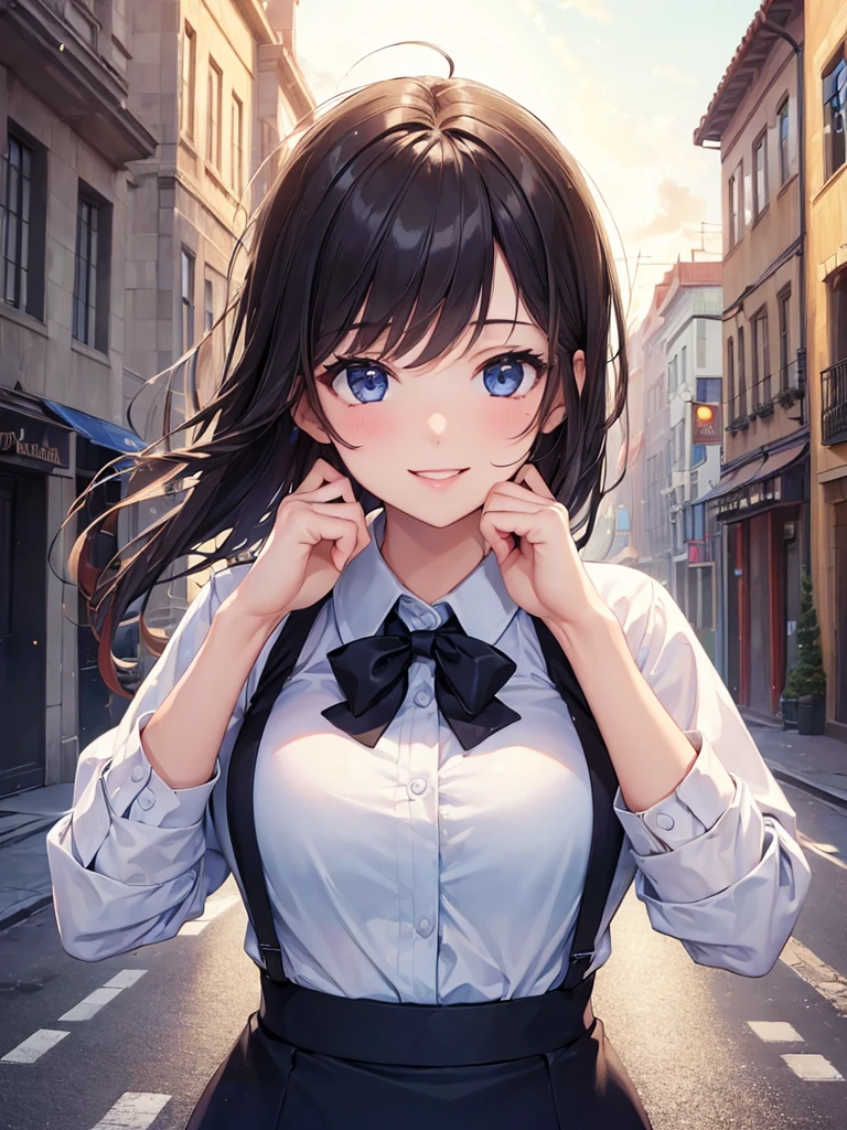 (masterpiece:1.5),(Beat quality),(high res),1girl solo,beautiful face,smile(shining eyes),upper body,light effects,Office Lady,In the city during the day