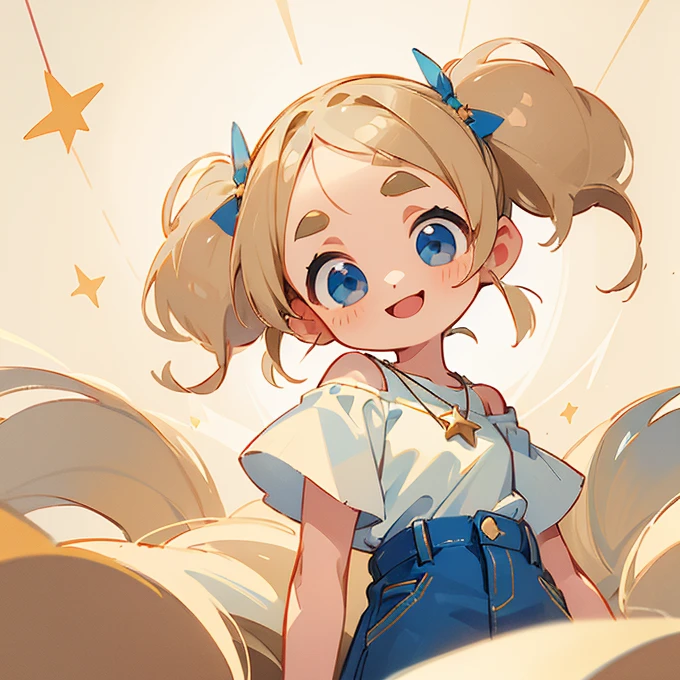 (masterpiece, Highest quality:1.2), (2 head body chibi character:1.1), Light beige hair, Twin tails, Blue Eyes, White off-shoulder blouse, Denim shorts, Short bangs, Thick eyebrows, Star Necklace, A lively atmosphere, smile, View your viewers