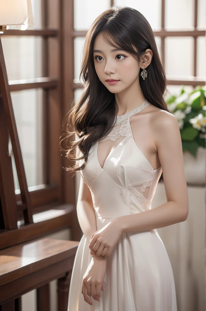 Long Shot, Full body image, (bra:0.1),(8k wallpaper, masterpiece, Highest quality, Super detailed), (Better lighting, Better Shadows, Very delicate and beautiful), floating, High saturation, Dynamic Angle, ((One girl)), nice, Ningguang City(Orchid Evening Dress) Gray Hair, Red eyes, Very long hair, hair ornaments, bangs, (Skin wrinkles:1.3), (Downy hair:1.3), 