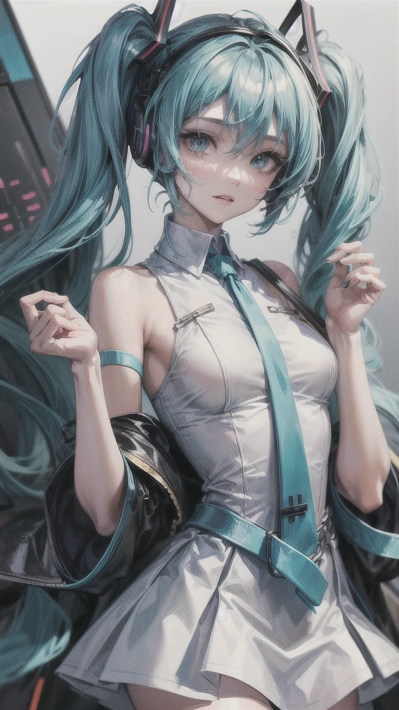 Makoto Shinkai style background, mature and sexy woman。
It&#39;s also cute.。
A pure-looking Hatsune Miku wearing a white dress