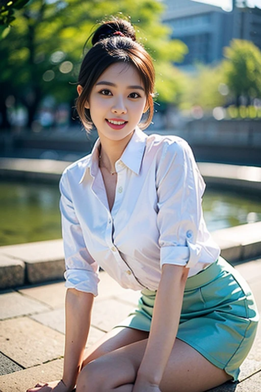 (A beautiful Korean news caster, age 28, wearing elegant White shirt with buttons & lime mini-skirt, broadcasting 'LIVE' morning news at Han River, friendly and feminine expressions, kind smile, dimpled chins, cute snaggle-tooth, short bob hair ponytail, symmetrical face, realistic detailed face, beautiful detailed eyes, perfect body proportions, ample round bosoms, photorealistic, hyper-realism, high contrast, ultra HD, realistic skin textures, top image quality, top-quality, super high resolution, fine details, very meticulously, masterpiece, head to knees, serene ambience, The_Cowboy_Shot, bokeh background)